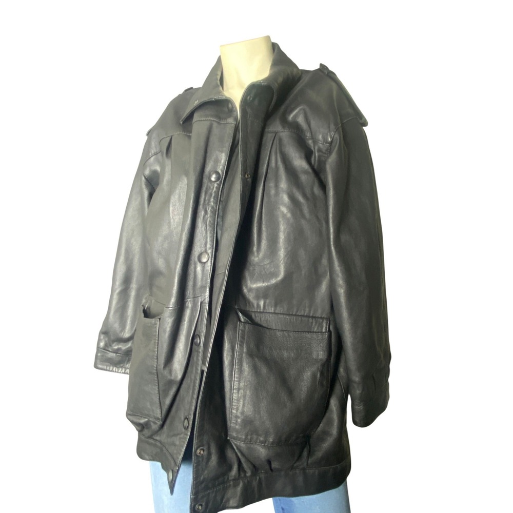 Vigilante New York Black Leather Jacket Vintage Snap Front Oversized Coat